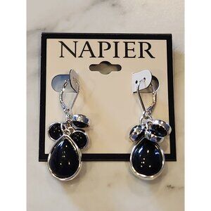 Napier Silver-Tone Drop Earrings With Black Stone Accents - Elegant And Stylish